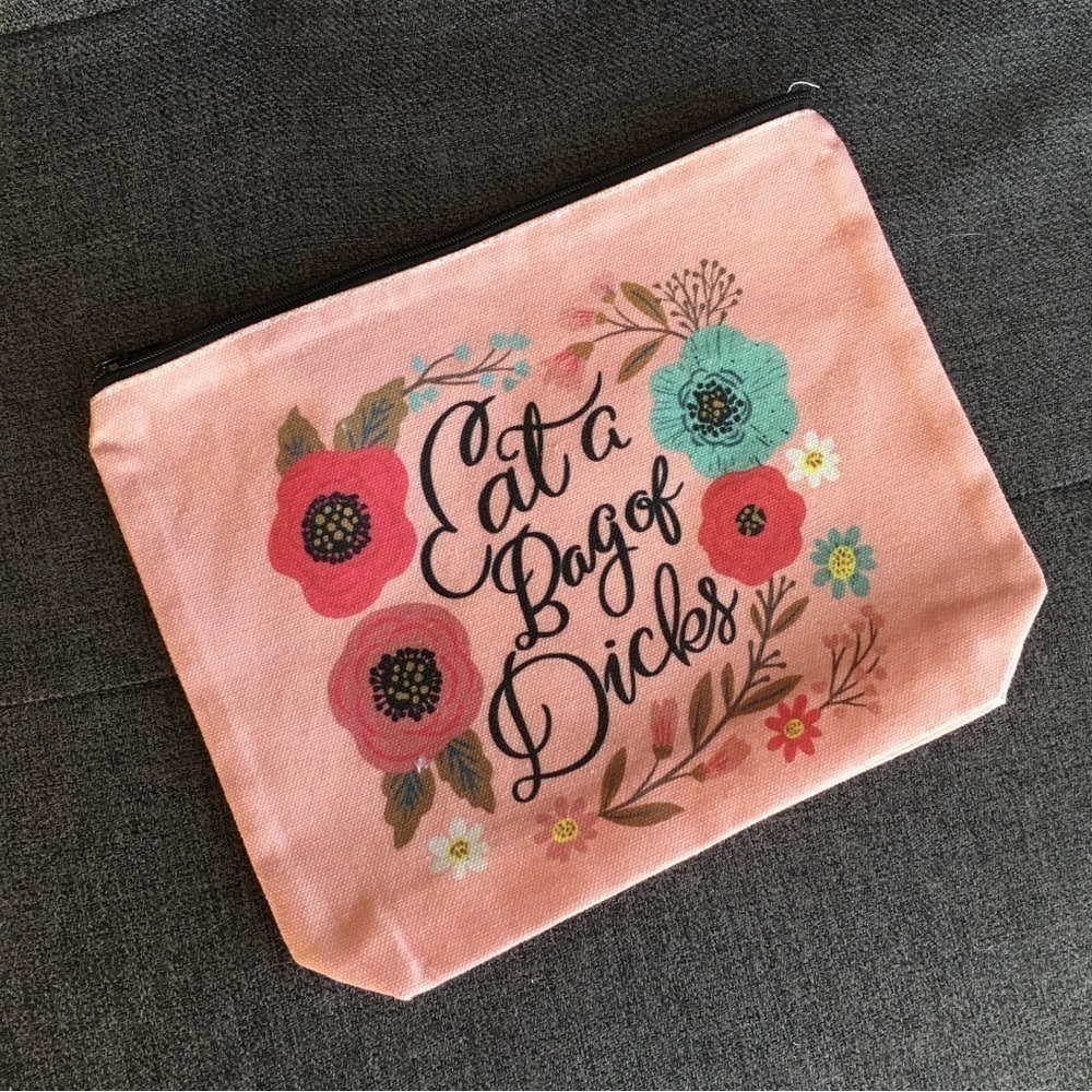 Canvas “Eat a Bag of D*cks” Makeup, Travel Bag, Pink, Black